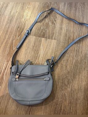 Blue Leather Crossbody Bag with Front Zip Pocket